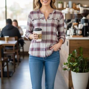 G.H. BASS & CO. Red Plaid Top Split V Neck Boho Rodeo Western Cowgirl Sz Medium